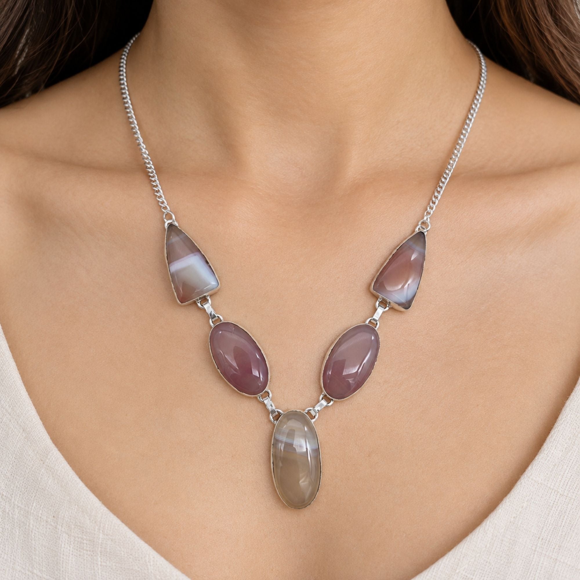Silver Plated Agate Gemstone Necklace, Handmade Statement Necklace, Lightweight Jewelry, Natural Stone Necklace, Gift for Her