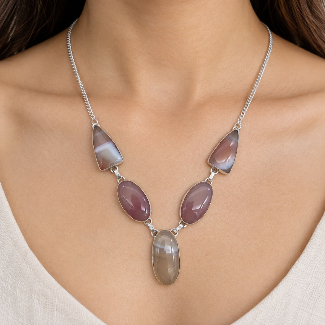 Silver Plated Agate Gemstone Necklace, Handmade Statement Necklace, Lightweight Jewelry, Natural Stone Necklace, Gift for Her