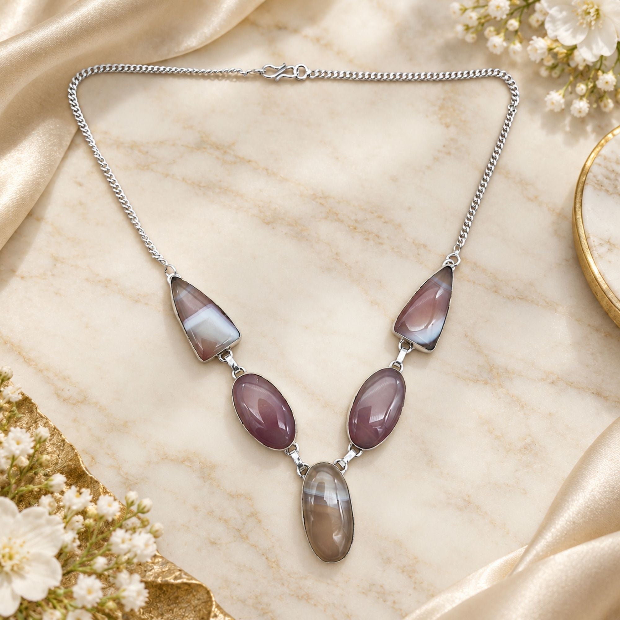 Silver Plated Agate Gemstone Necklace, Handmade Statement Necklace, Lightweight Jewelry, Natural Stone Necklace, Gift for Her
