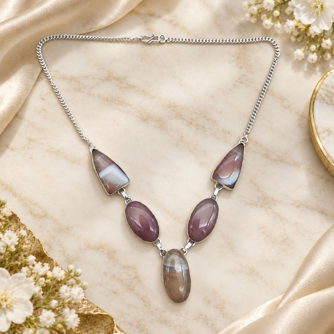 Silver Plated Agate Gemstone Necklace, Handmade Statement Necklace, Lightweight Jewelry, Natural Stone Necklace, Gift for Her