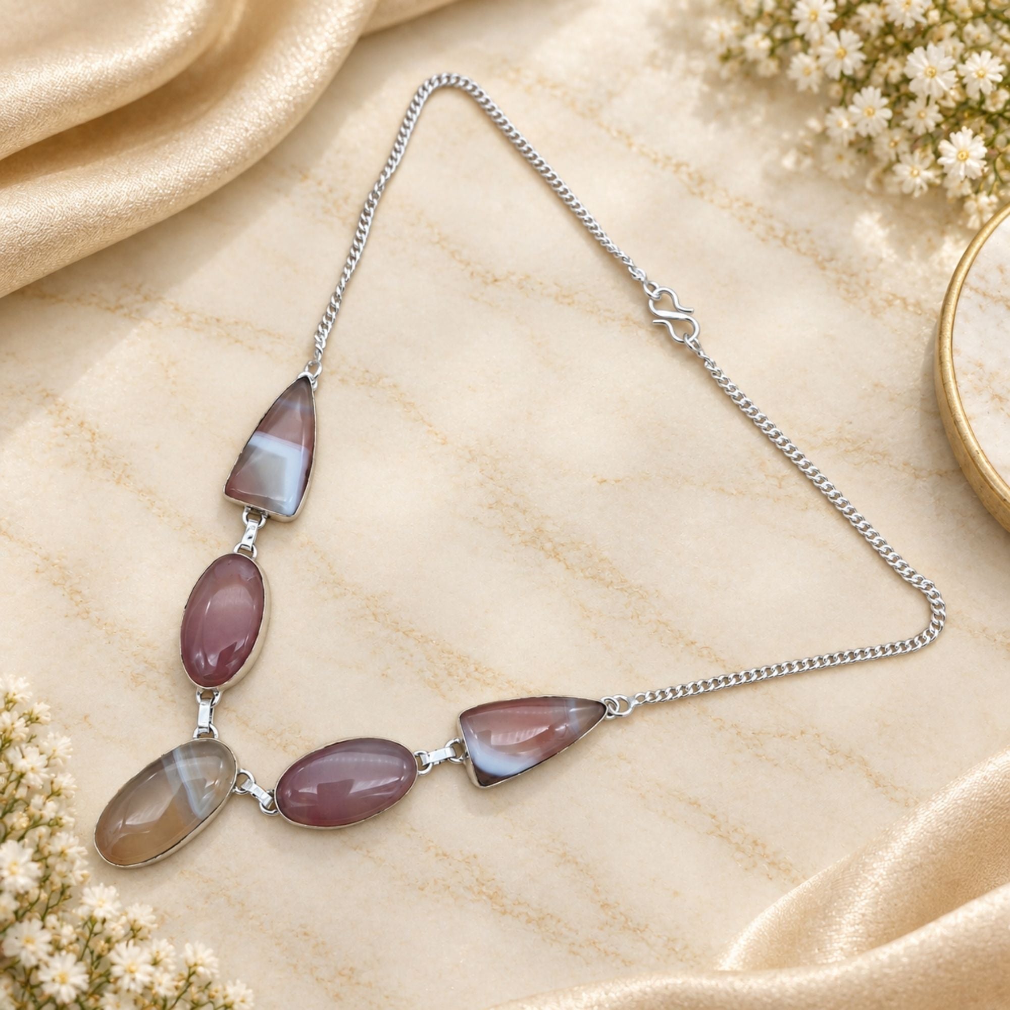 Silver Plated Agate Gemstone Necklace, Handmade Statement Necklace, Lightweight Jewelry, Natural Stone Necklace, Gift for Her