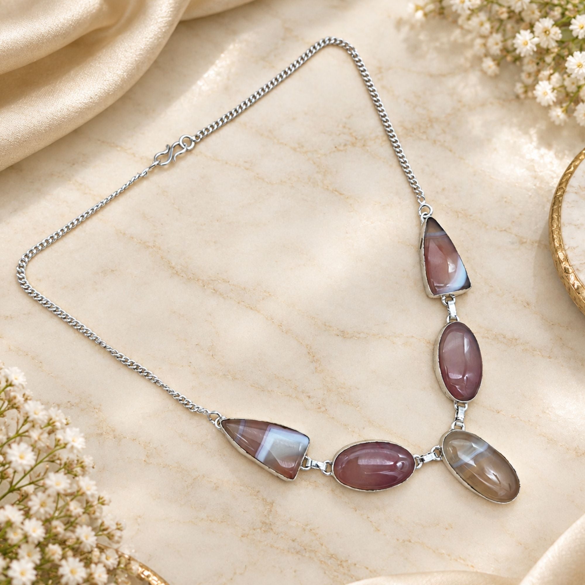 Silver Plated Agate Gemstone Necklace, Handmade Statement Necklace, Lightweight Jewelry, Natural Stone Necklace, Gift for Her
