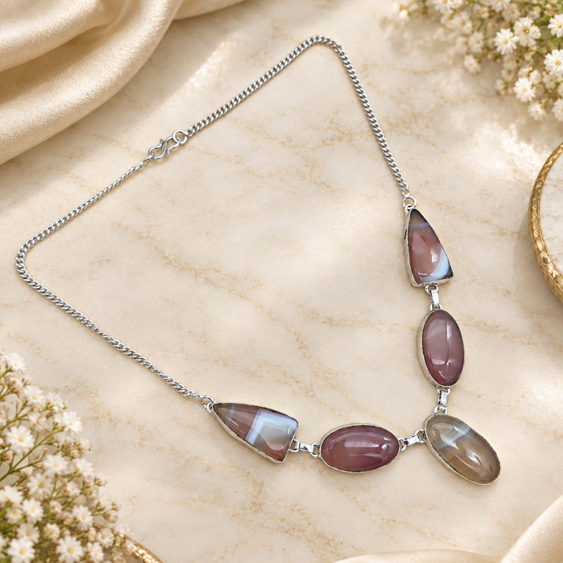 Silver Plated Agate Gemstone Necklace, Handmade Statement Necklace, Lightweight Jewelry, Natural Stone Necklace, Gift for Her