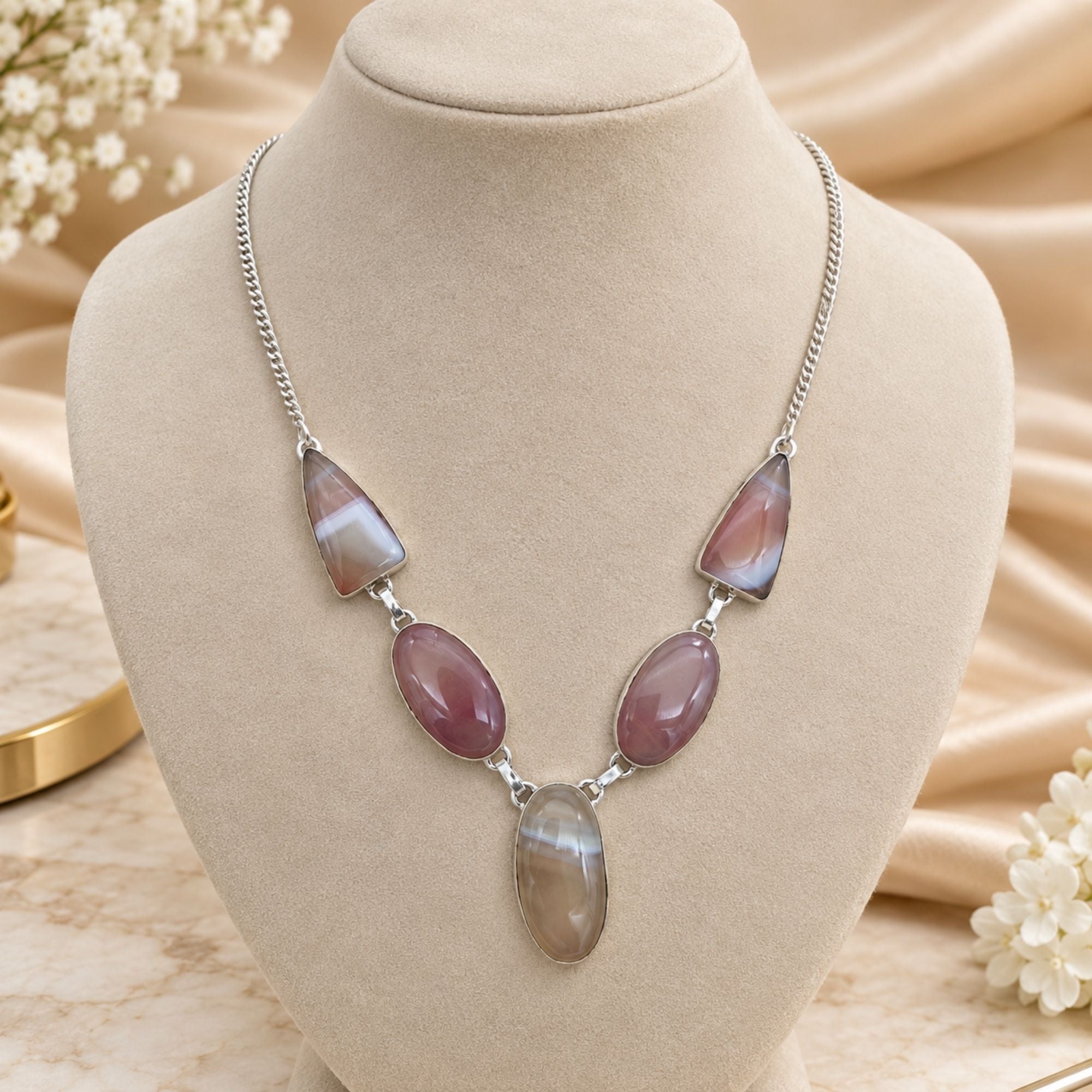 Silver Plated Agate Gemstone Necklace, Handmade Statement Necklace, Lightweight Jewelry, Natural Stone Necklace, Gift for Her
