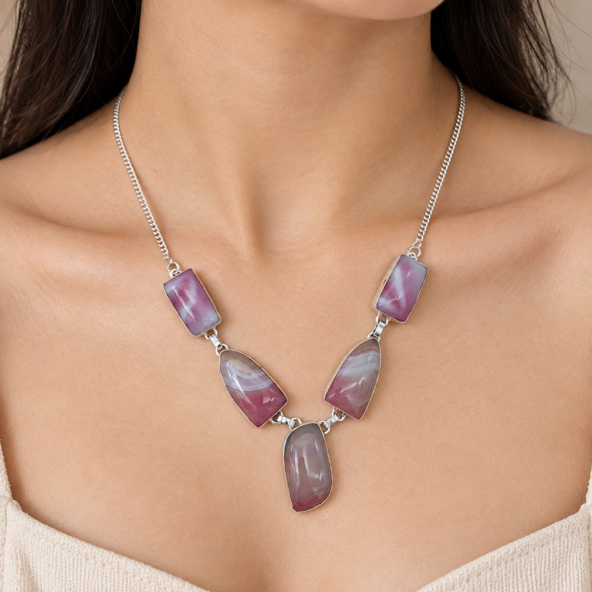 Agate Gemstone Necklace, Silver Plated Statement Necklace, Handmade Natural Stone Jewelry, Lightweight Necklace, Gift for Her