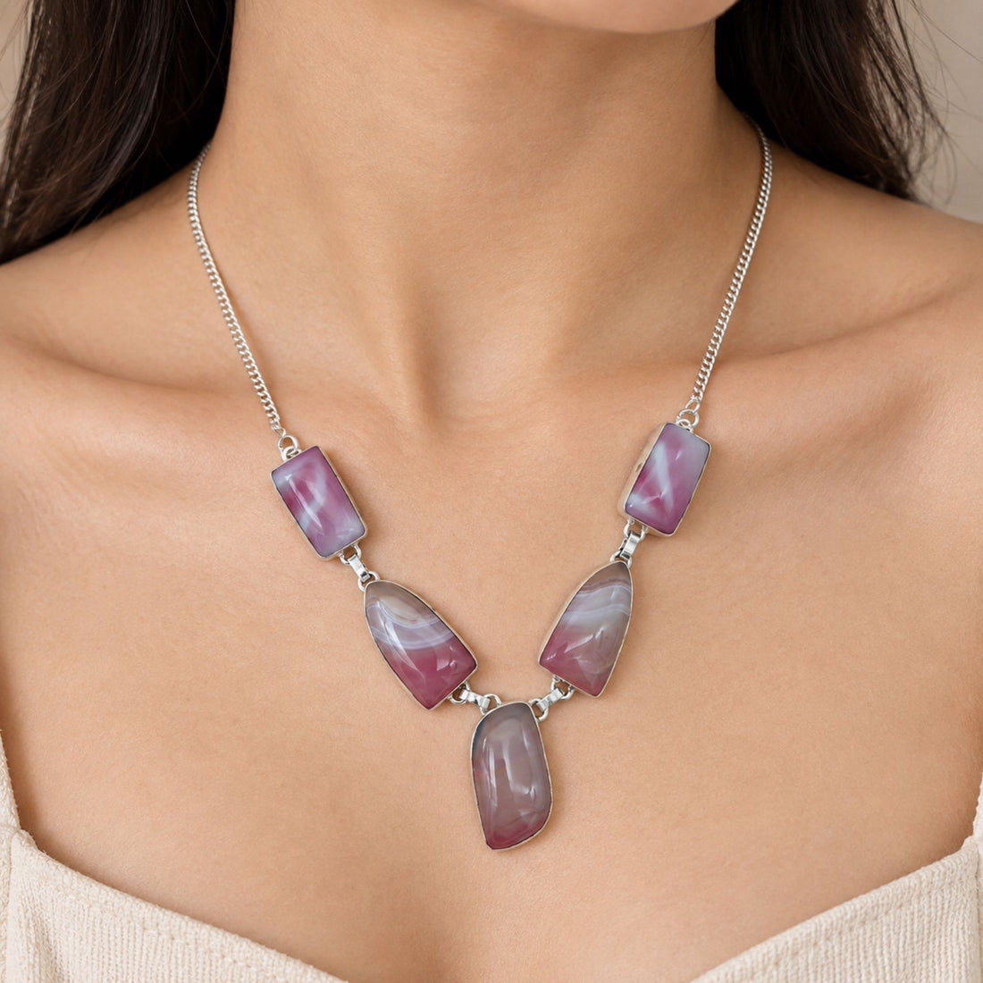 Agate Gemstone Necklace, Silver Plated Statement Necklace, Handmade Natural Stone Jewelry, Lightweight Necklace, Gift for Her