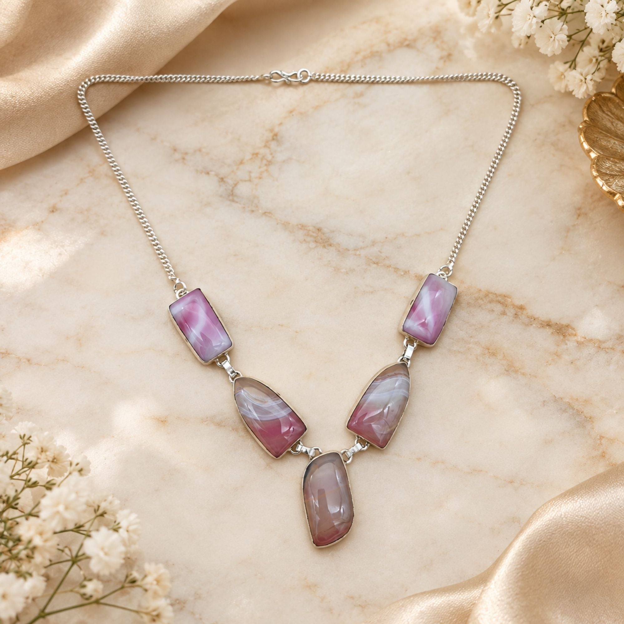 Agate Gemstone Necklace, Silver Plated Statement Necklace, Handmade Natural Stone Jewelry, Lightweight Necklace, Gift for Her