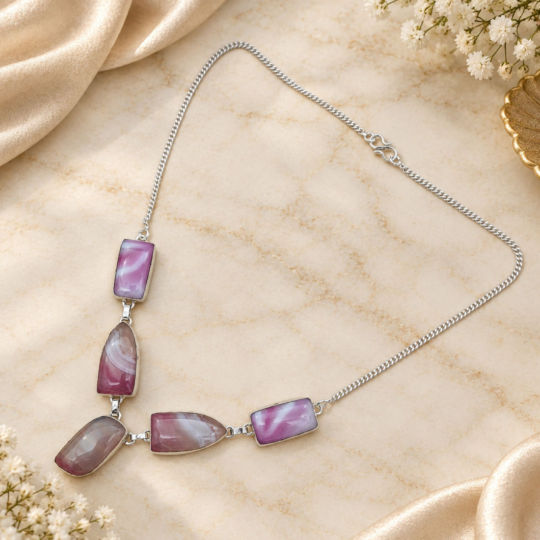 Agate Gemstone Necklace, Silver Plated Statement Necklace, Handmade Natural Stone Jewelry, Lightweight Necklace, Gift for Her