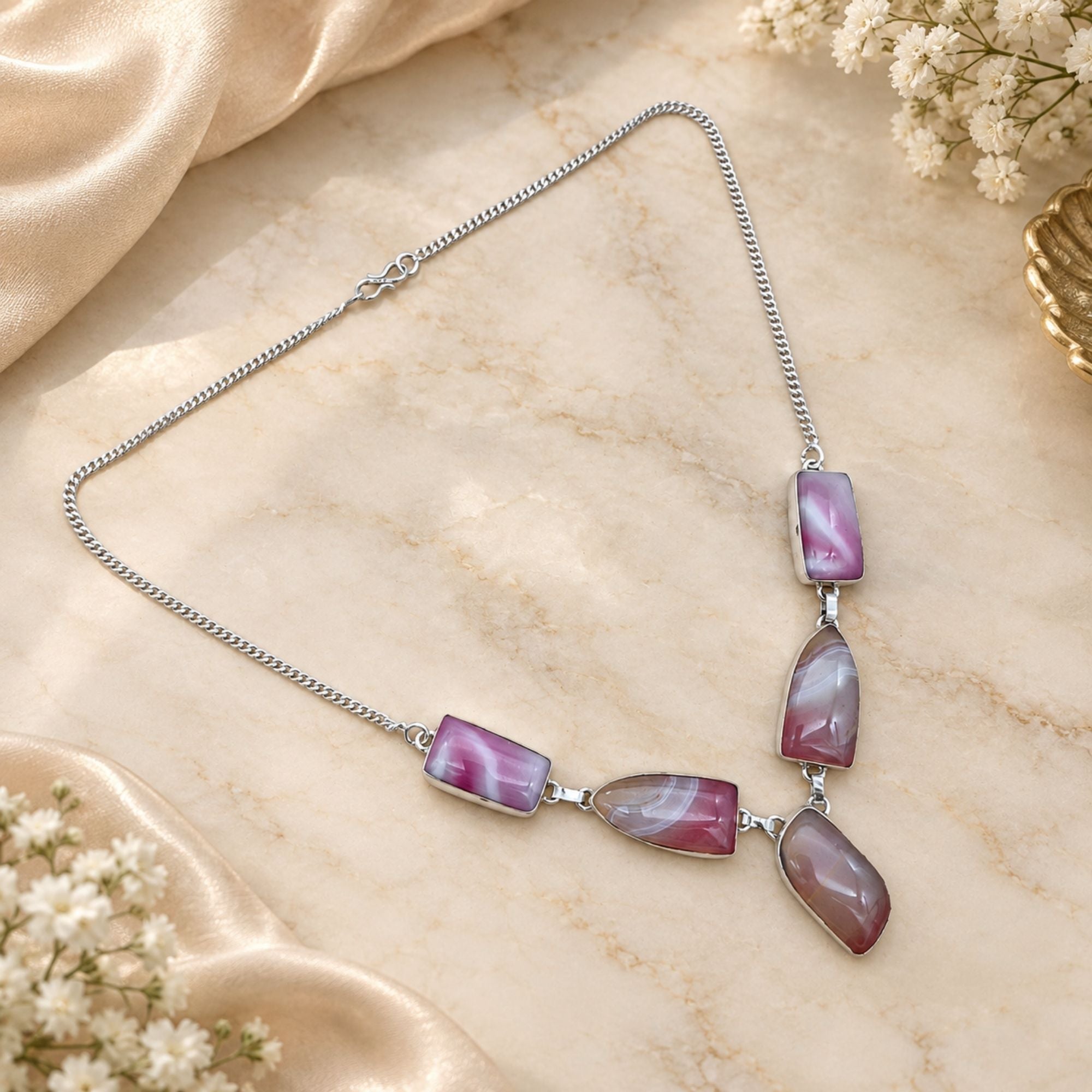 Agate Gemstone Necklace, Silver Plated Statement Necklace, Handmade Natural Stone Jewelry, Lightweight Necklace, Gift for Her