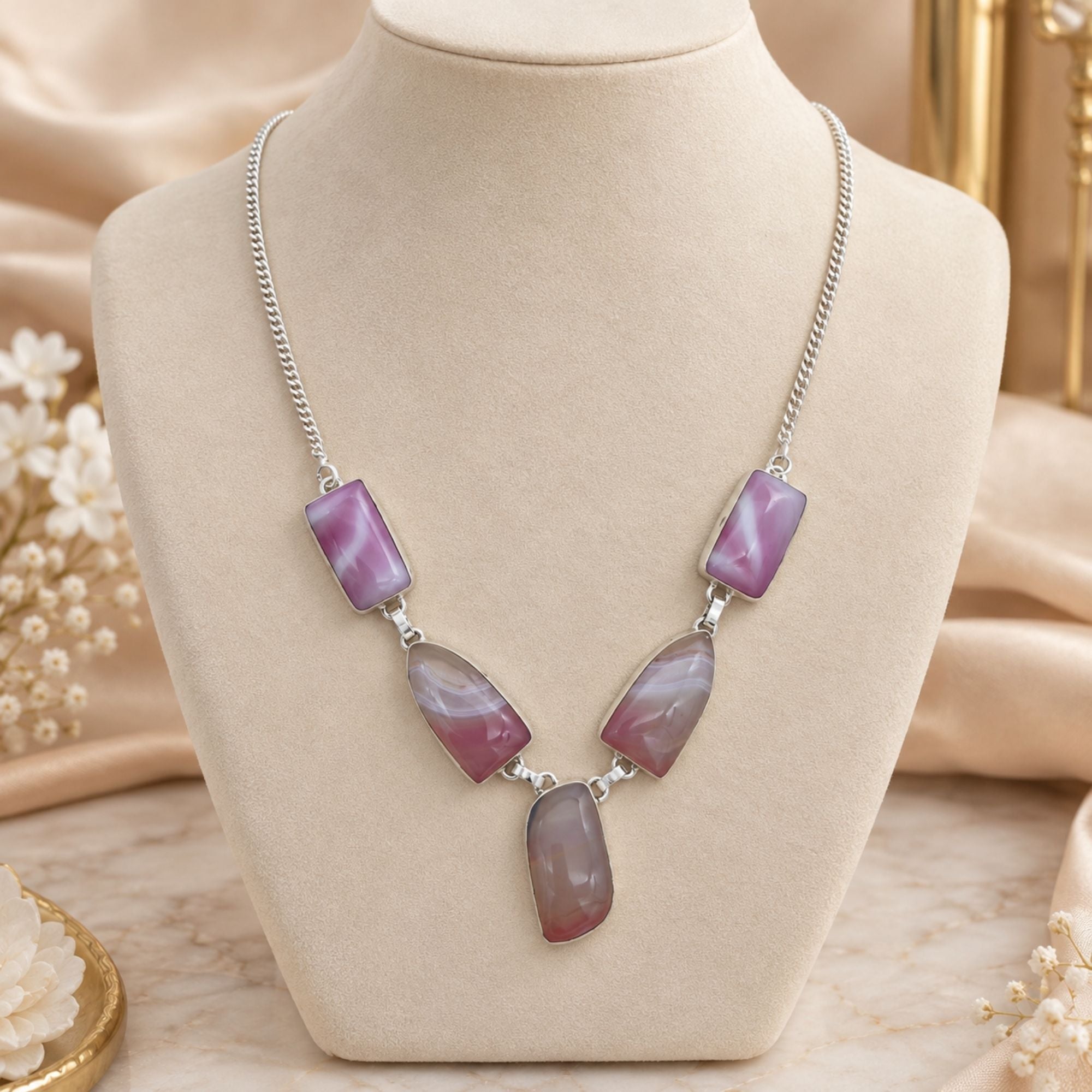 Agate Gemstone Necklace, Silver Plated Statement Necklace, Handmade Natural Stone Jewelry, Lightweight Necklace, Gift for Her