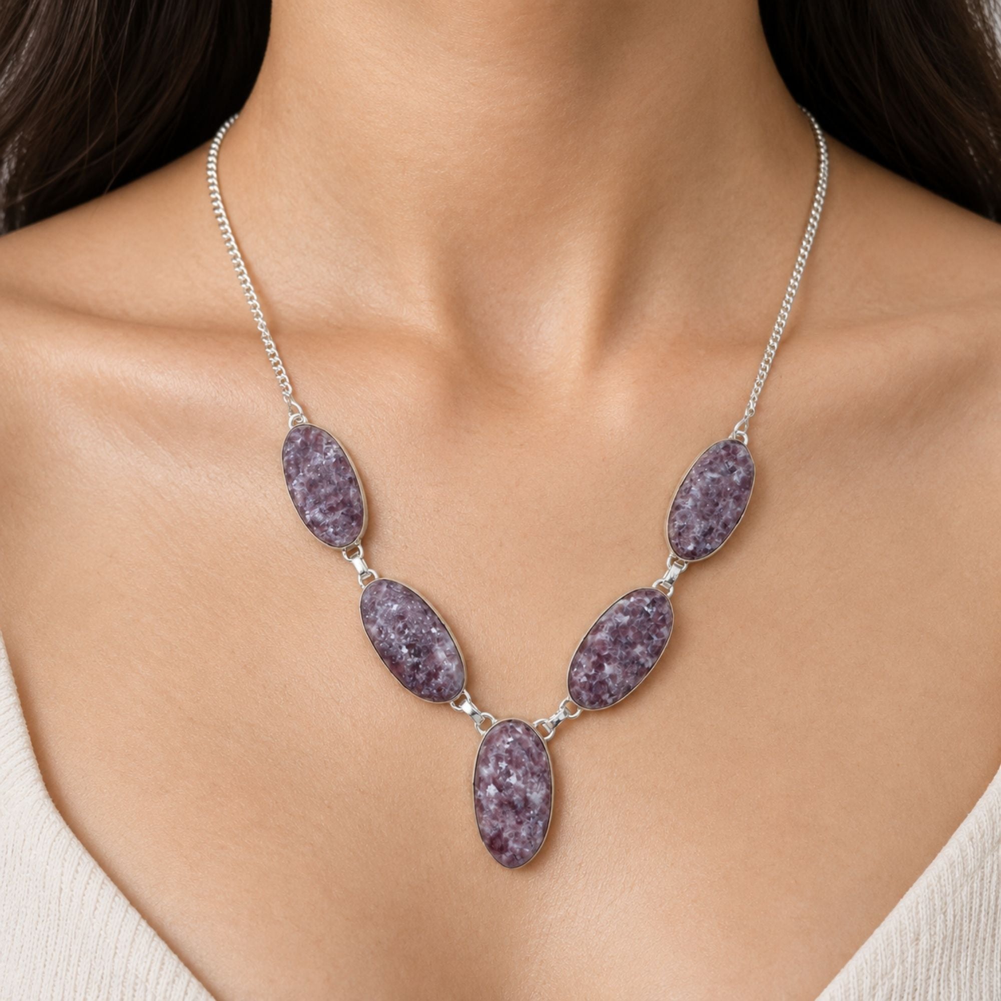 Purple Lepidolite Necklace, Silver Plated Gemstone Necklace, Natural Crystal Statement Jewelry, Handmade Stone Necklace, Gift for Her