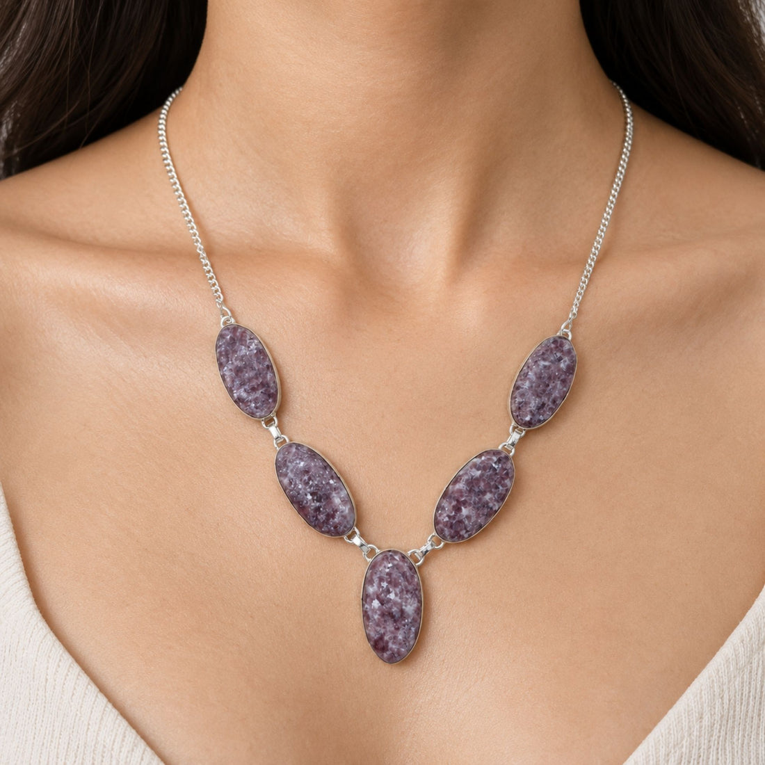 Purple Lepidolite Necklace, Silver Plated Gemstone Necklace, Natural Crystal Statement Jewelry, Handmade Stone Necklace, Gift for Her