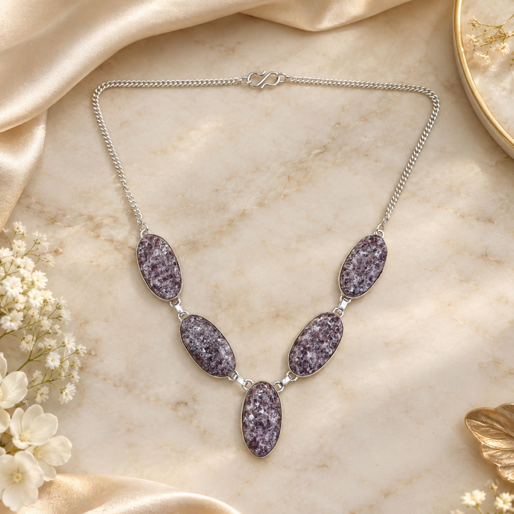 Purple Lepidolite Necklace, Silver Plated Gemstone Necklace, Natural Crystal Statement Jewelry, Handmade Stone Necklace, Gift for Her