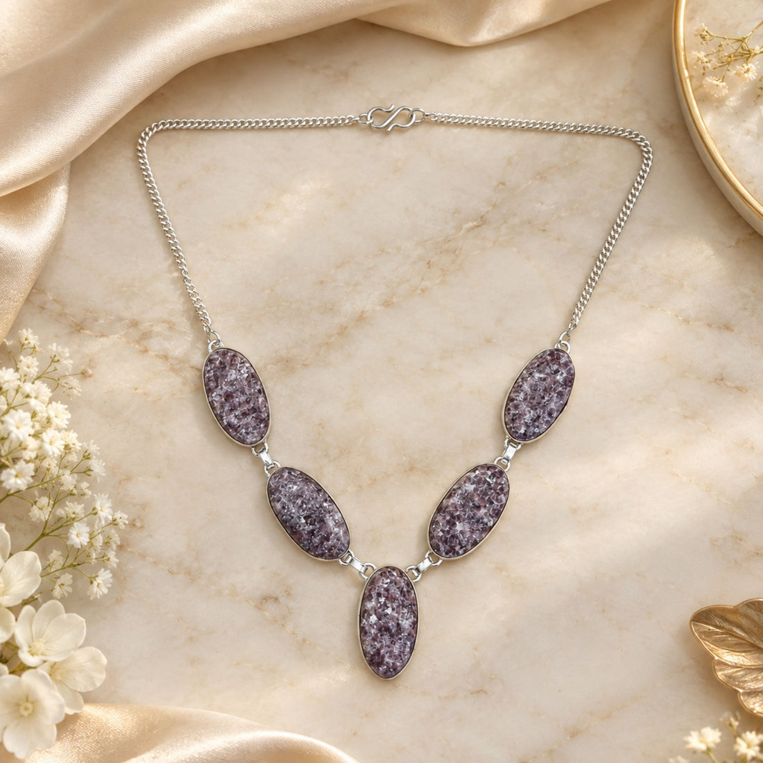 Purple Lepidolite Necklace, Silver Plated Gemstone Necklace, Natural Crystal Statement Jewelry, Handmade Stone Necklace, Gift for Her