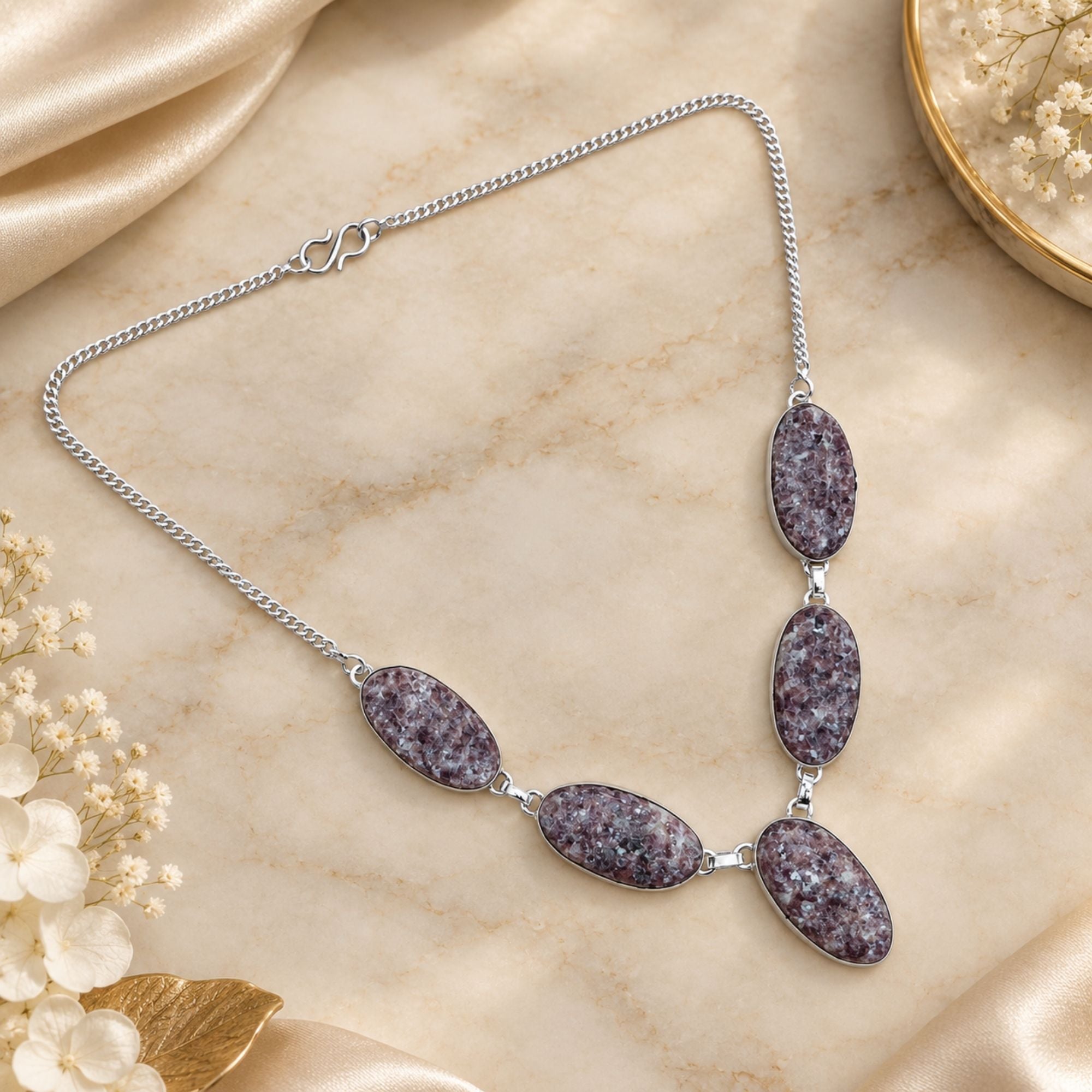 Purple Lepidolite Necklace, Silver Plated Gemstone Necklace, Natural Crystal Statement Jewelry, Handmade Stone Necklace, Gift for Her