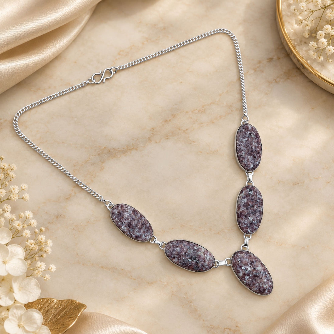 Purple Lepidolite Necklace, Silver Plated Gemstone Necklace, Natural Crystal Statement Jewelry, Handmade Stone Necklace, Gift for Her