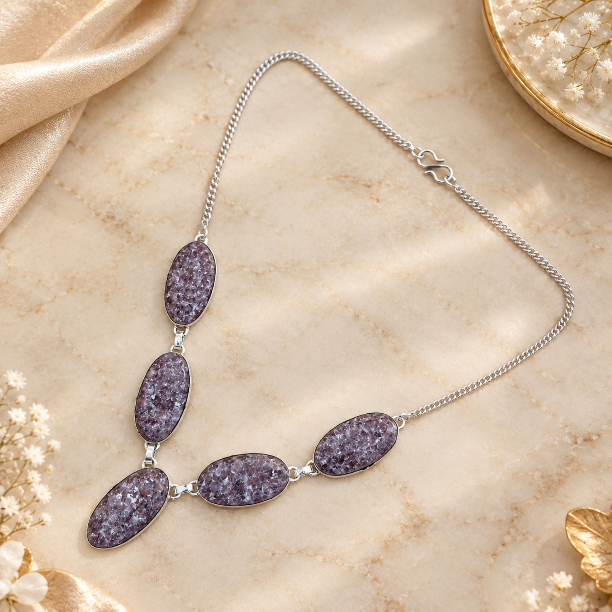 Purple Lepidolite Necklace, Silver Plated Gemstone Necklace, Natural Crystal Statement Jewelry, Handmade Stone Necklace, Gift for Her