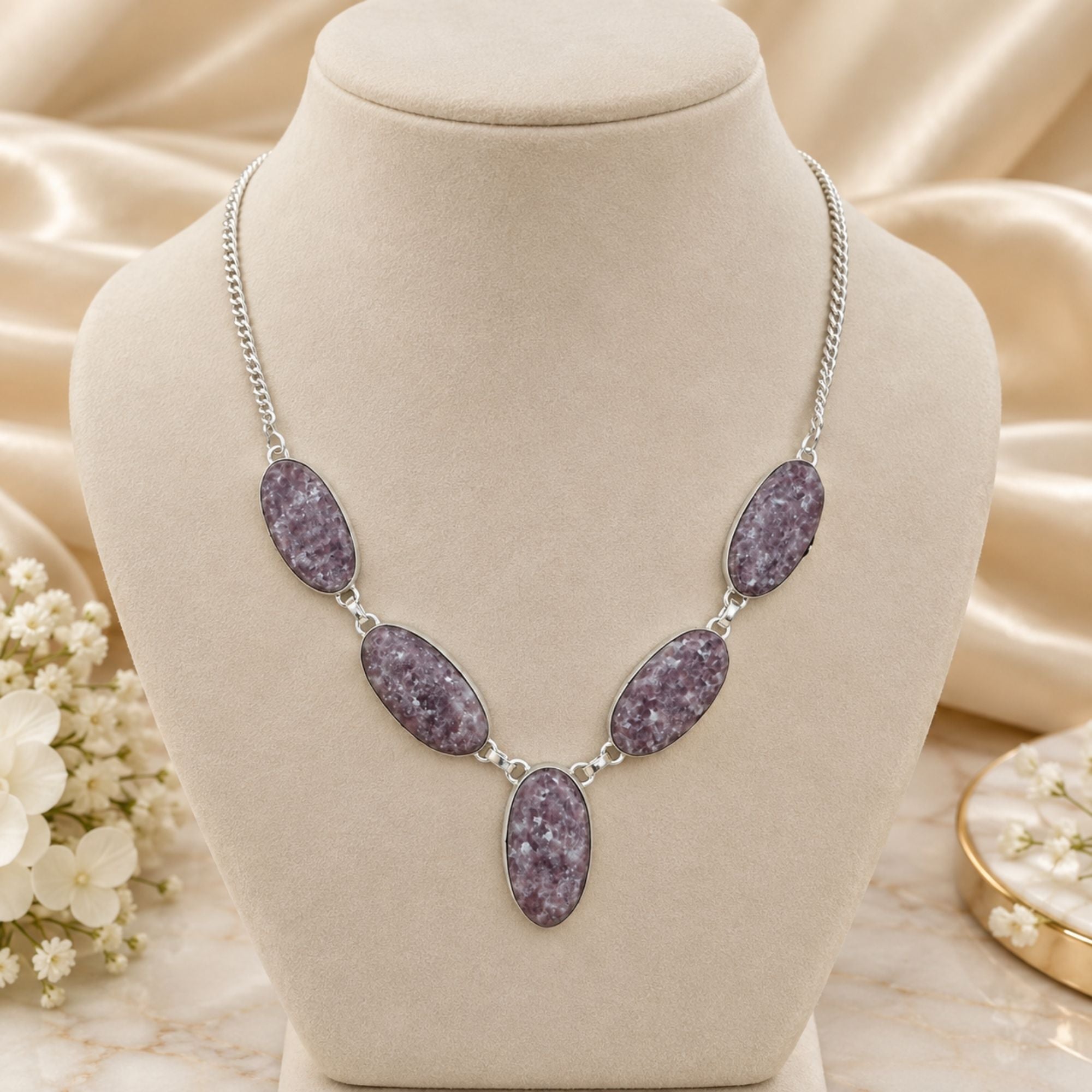 Purple Lepidolite Necklace, Silver Plated Gemstone Necklace, Natural Crystal Statement Jewelry, Handmade Stone Necklace, Gift for Her