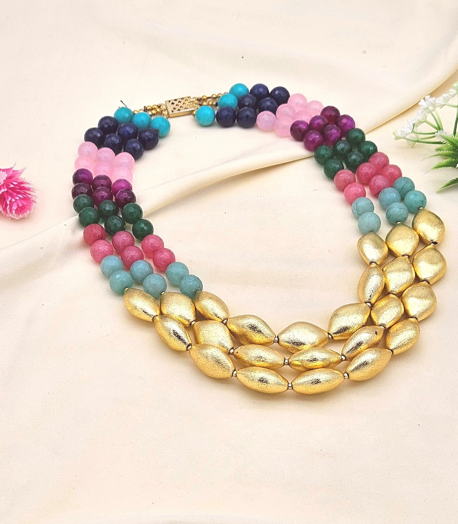 Awesome Faceted Multi Color Semi Precious Stone with Gold plated Brass Beads Party Wear Statement Necklace