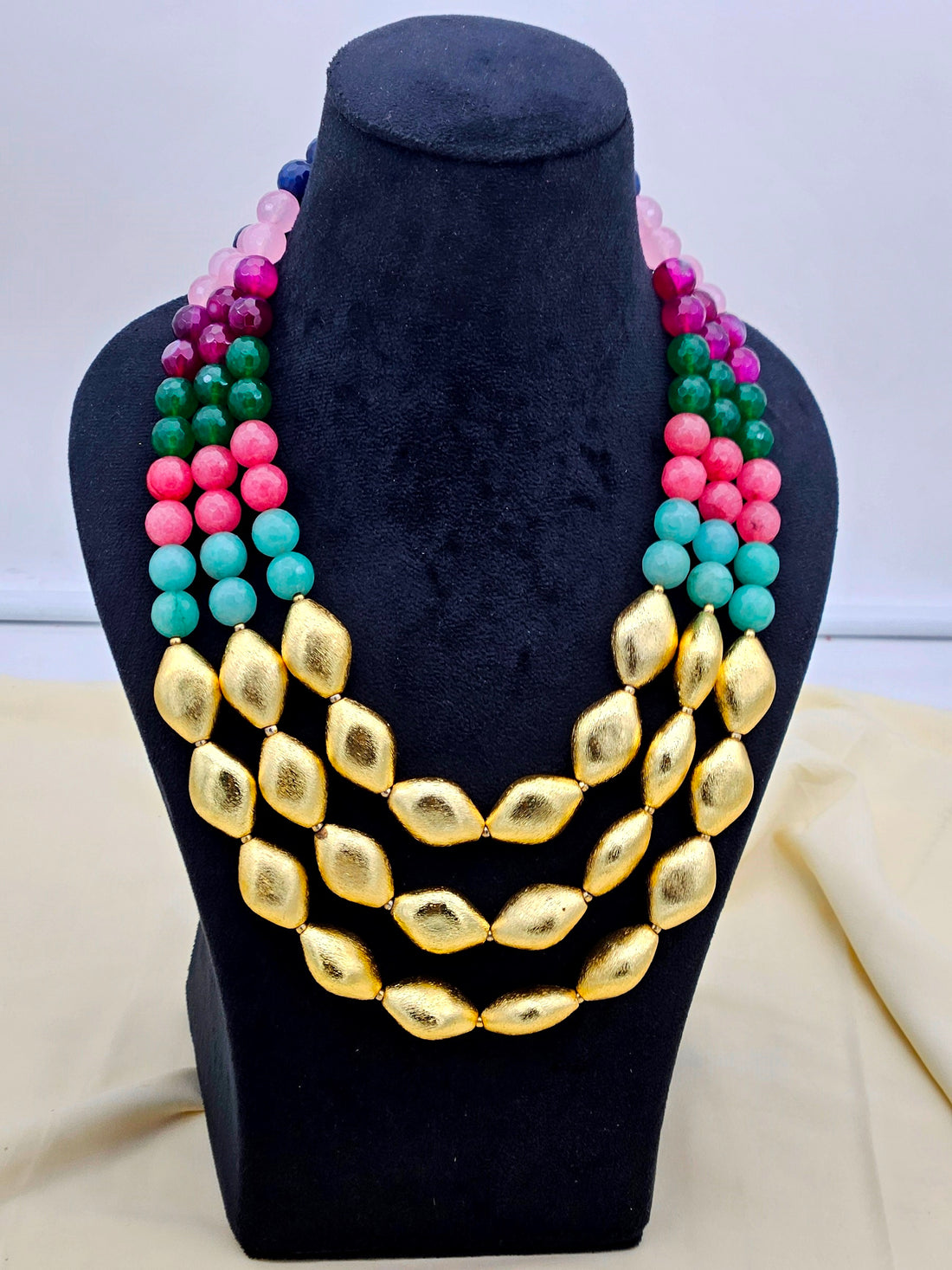 Awesome Faceted Multi Color Semi Precious Stone with Gold plated Brass Beads Party Wear Statement Necklace