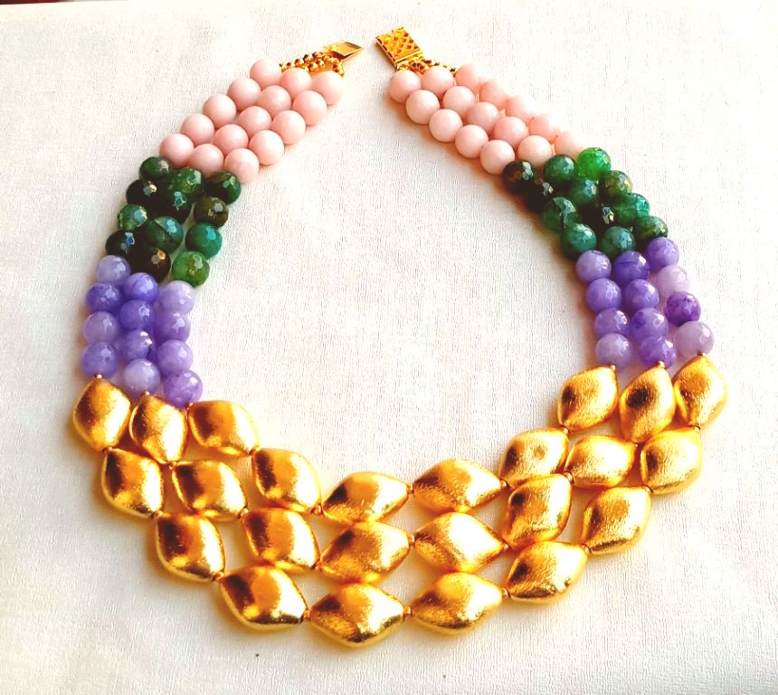 Awesome Faceted Multi Color Semi Precious Stone with Gold plated Brass Beads Party Wear Statement Necklace