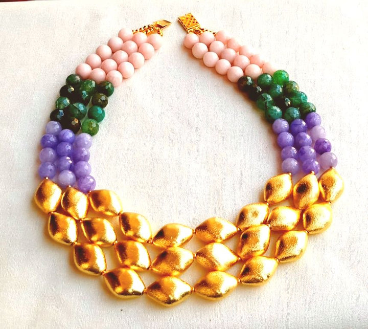 Awesome Faceted Multi Color Semi Precious Stone with Gold plated Brass Beads Party Wear Statement Necklace
