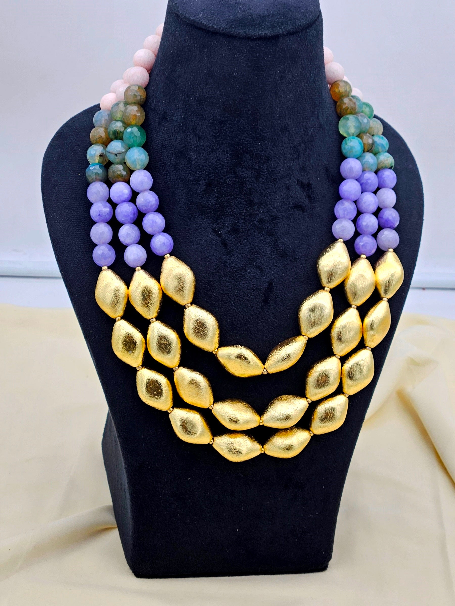 Awesome Faceted Multi Color Semi Precious Stone with Gold plated Brass Beads Party Wear Statement Necklace