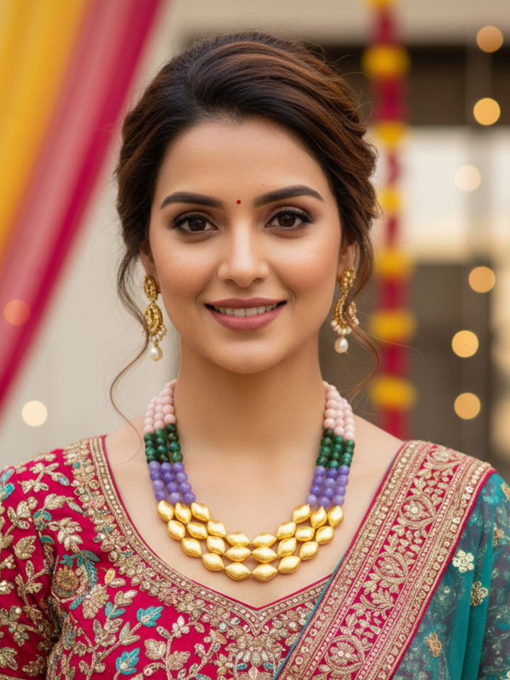 Awesome Faceted Multi Color Semi Precious Stone with Gold plated Brass Beads Party Wear Statement Necklace