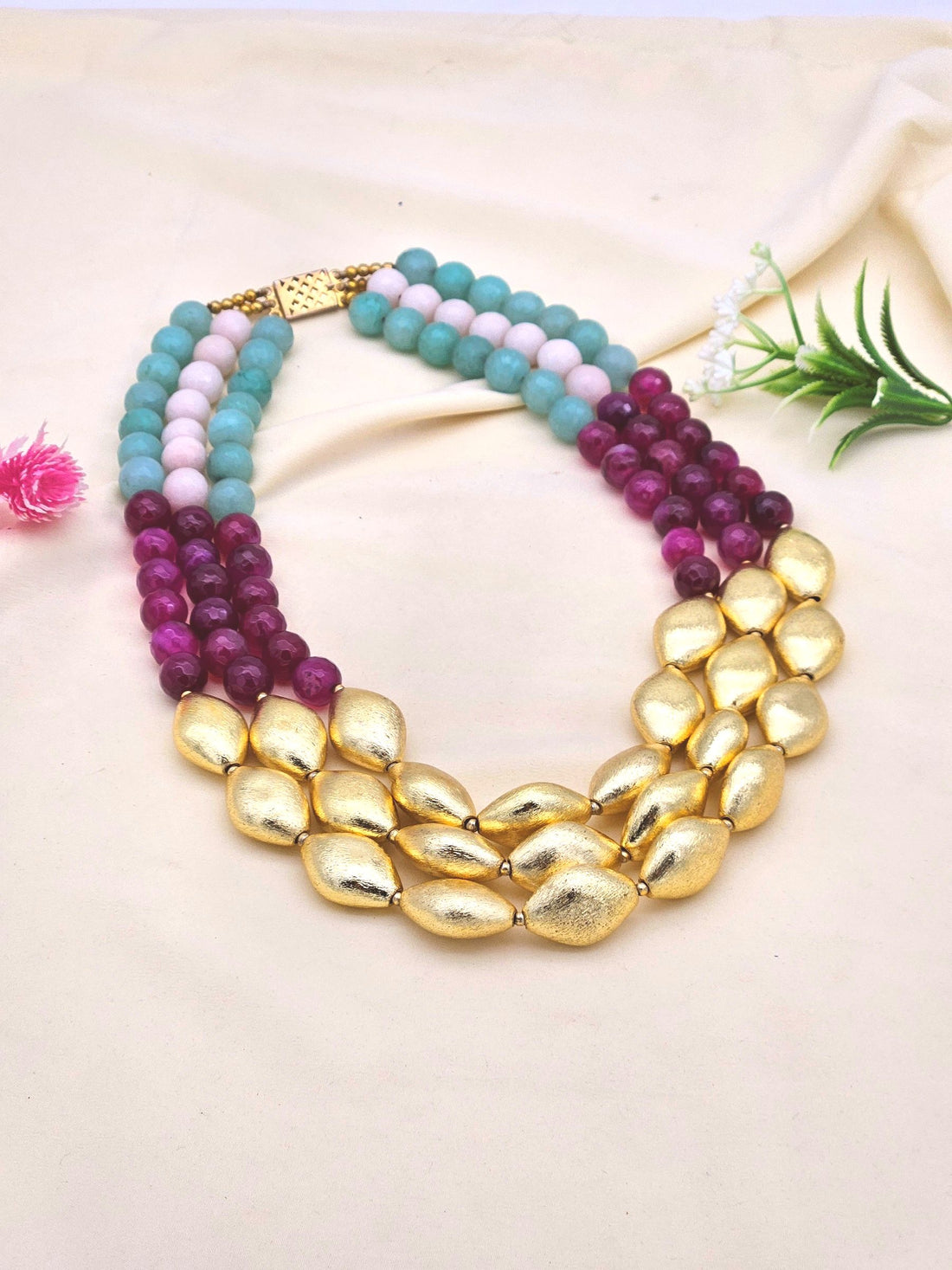 Awesome Faceted Multi Color Semi Precious Stone with Gold plated Brass Beads Party Wear Statement Necklace