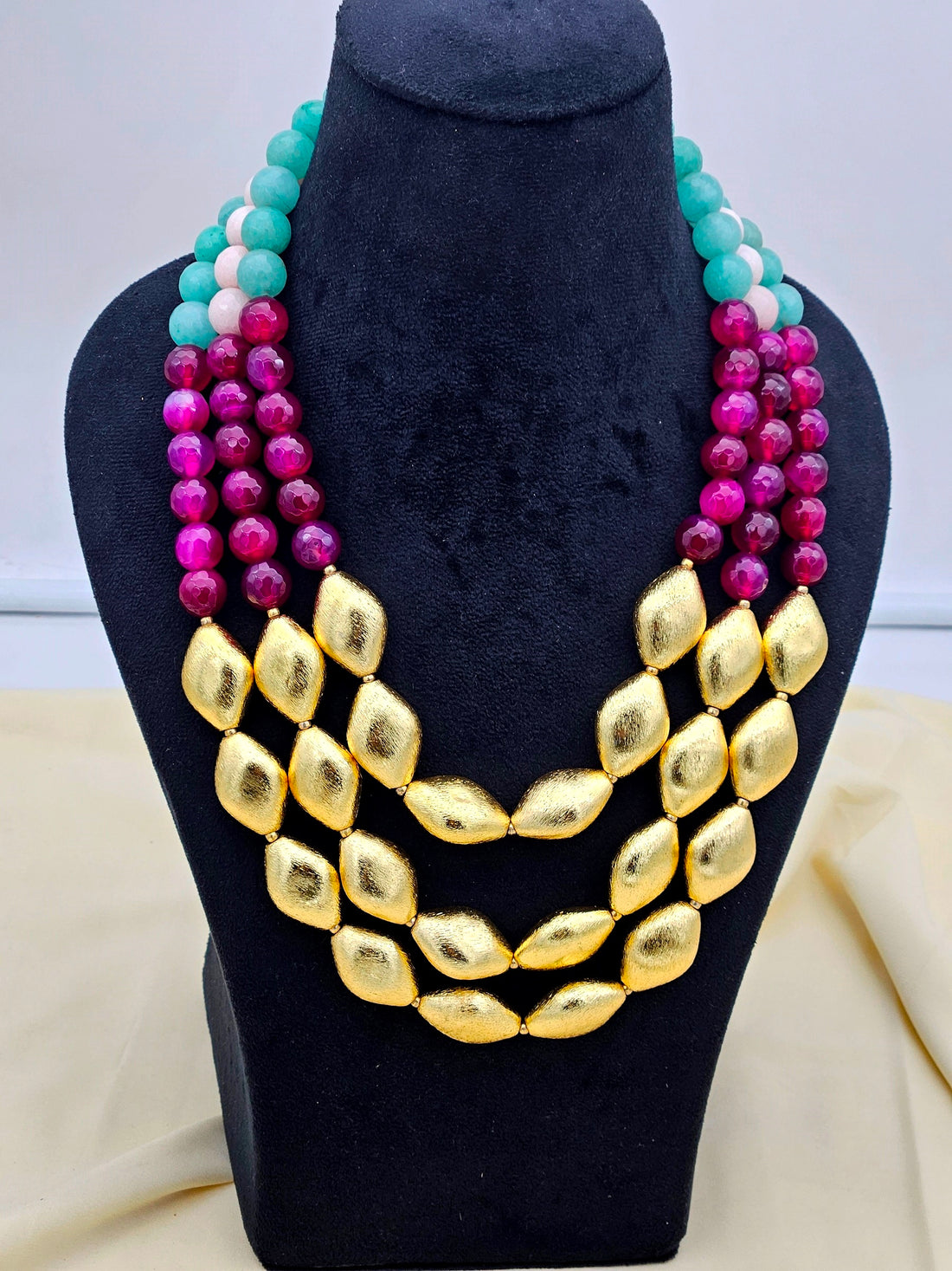 Awesome Faceted Multi Color Semi Precious Stone with Gold plated Brass Beads Party Wear Statement Necklace