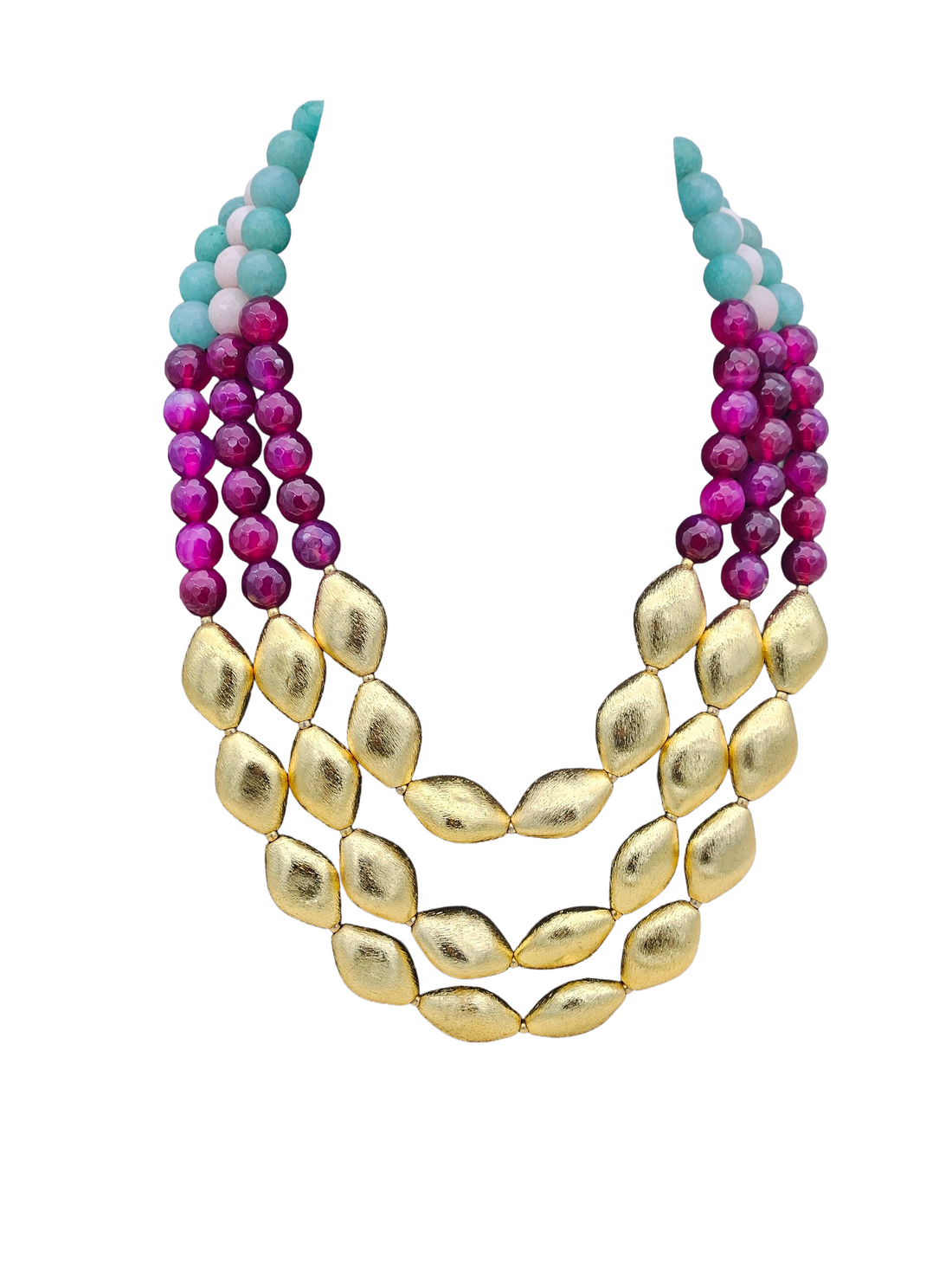 Awesome Faceted Multi Color Semi Precious Stone with Gold plated Brass Beads Party Wear Statement Necklace