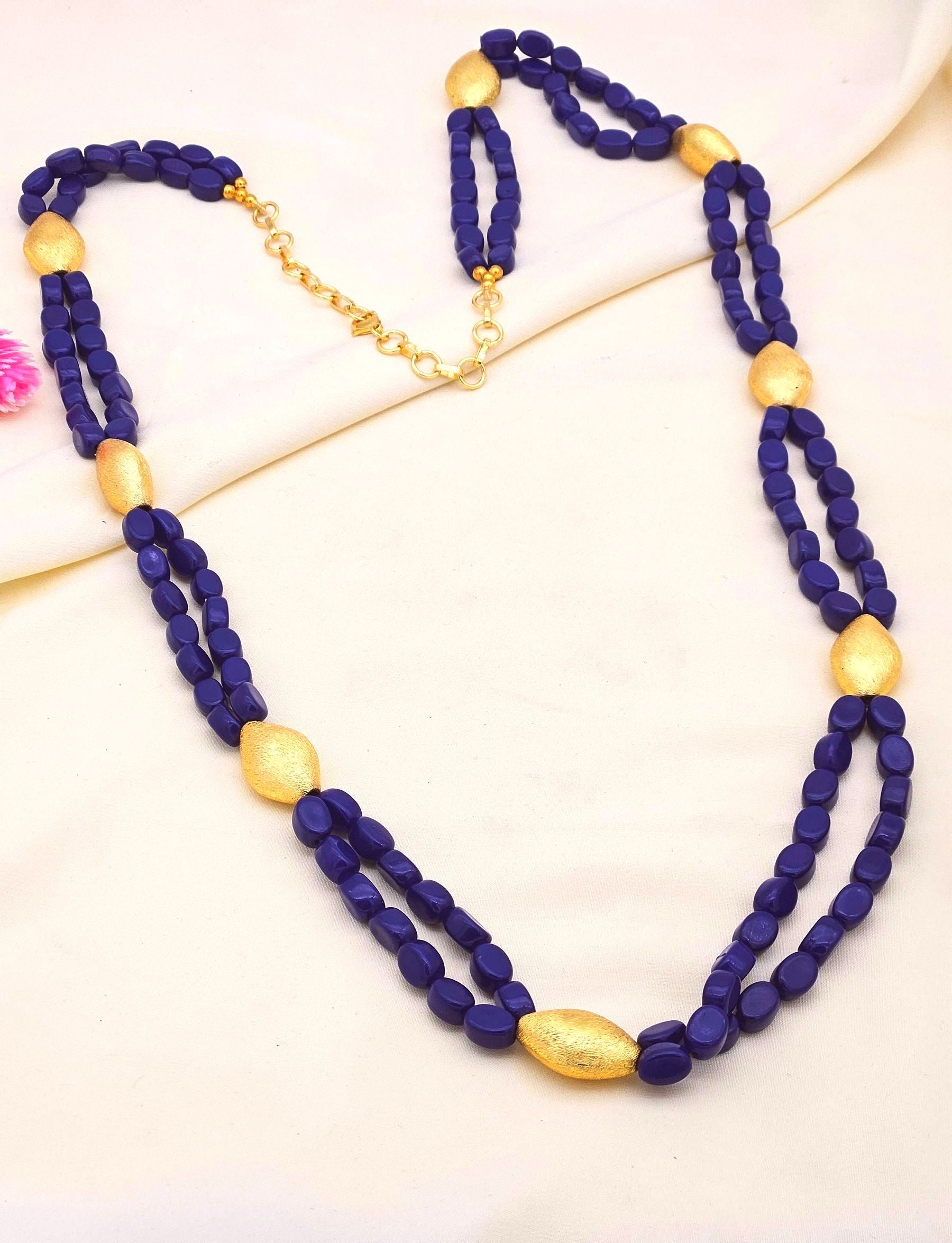 Charming Gold plated Brass Beads with Blue Glass Stone Beads Long Statement Necklace