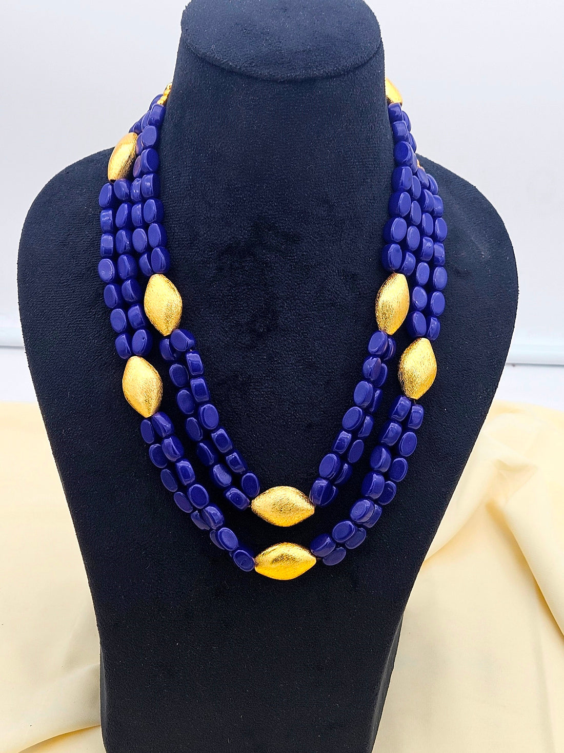 Charming Gold plated Brass Beads with Blue Glass Stone Beads Long Statement Necklace