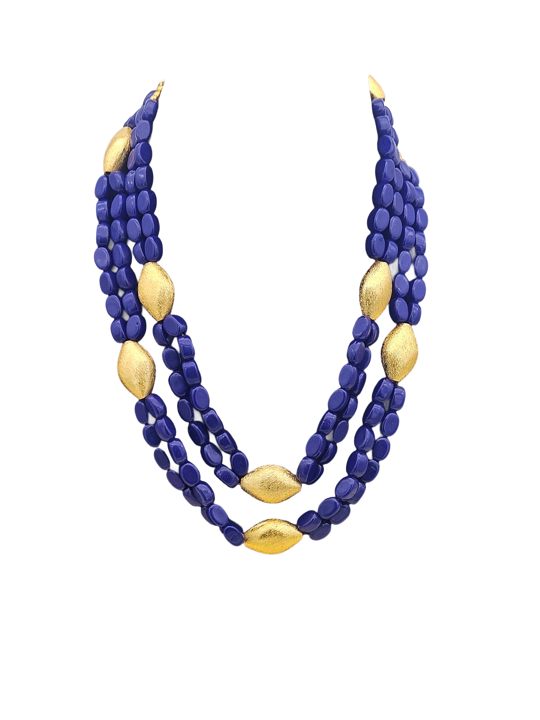 Charming Gold plated Brass Beads with Blue Glass Stone Beads Long Statement Necklace