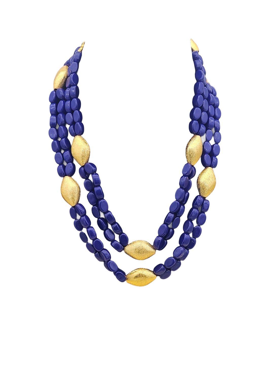 Charming Gold plated Brass Beads with Blue Glass Stone Beads Long Statement Necklace