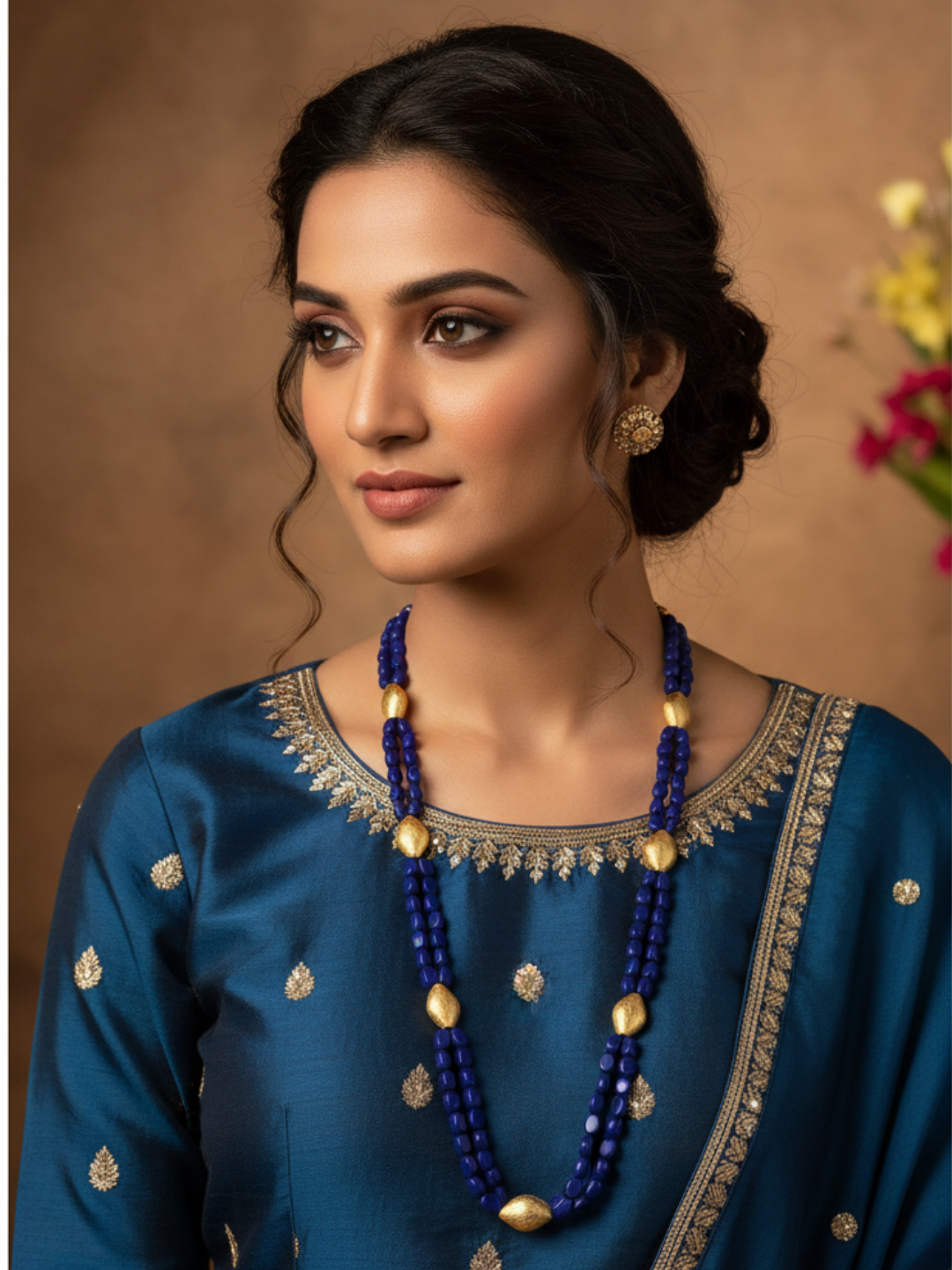 Charming Gold plated Brass Beads with Blue Glass Stone Beads Long Statement Necklace