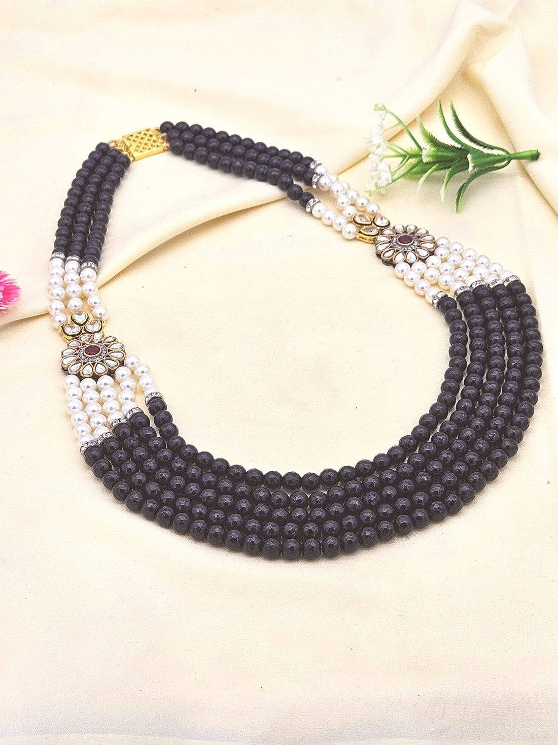 Amazing AD-Synthetic Polky -Ruby Color Onyx Stone with Black Onyx Beads- Shell Pearl Long Statement Necklace