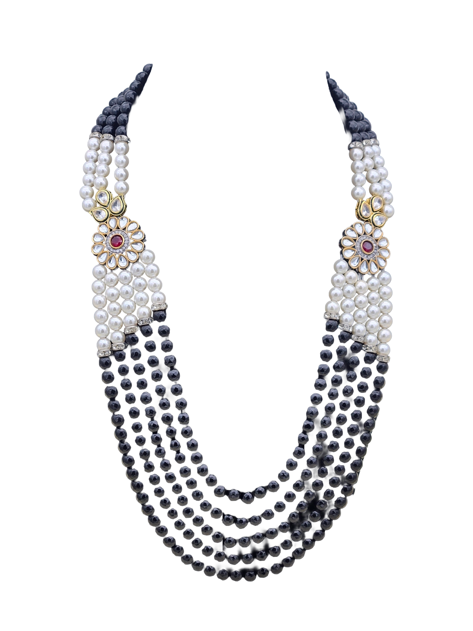 Amazing AD-Synthetic Polky -Ruby Color Onyx Stone with Black Onyx Beads- Shell Pearl Long Statement Necklace