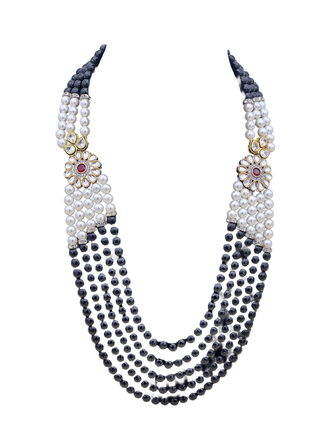 Amazing AD-Synthetic Polky -Ruby Color Onyx Stone with Black Onyx Beads- Shell Pearl Long Statement Necklace