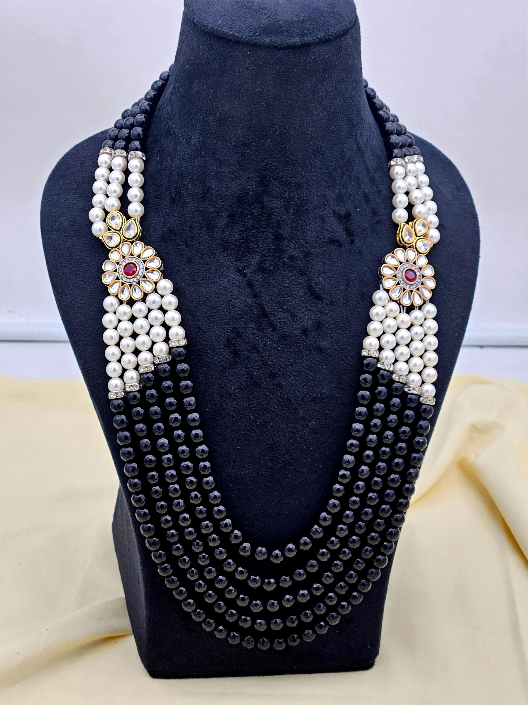 Amazing AD-Synthetic Polky -Ruby Color Onyx Stone with Black Onyx Beads- Shell Pearl Long Statement Necklace
