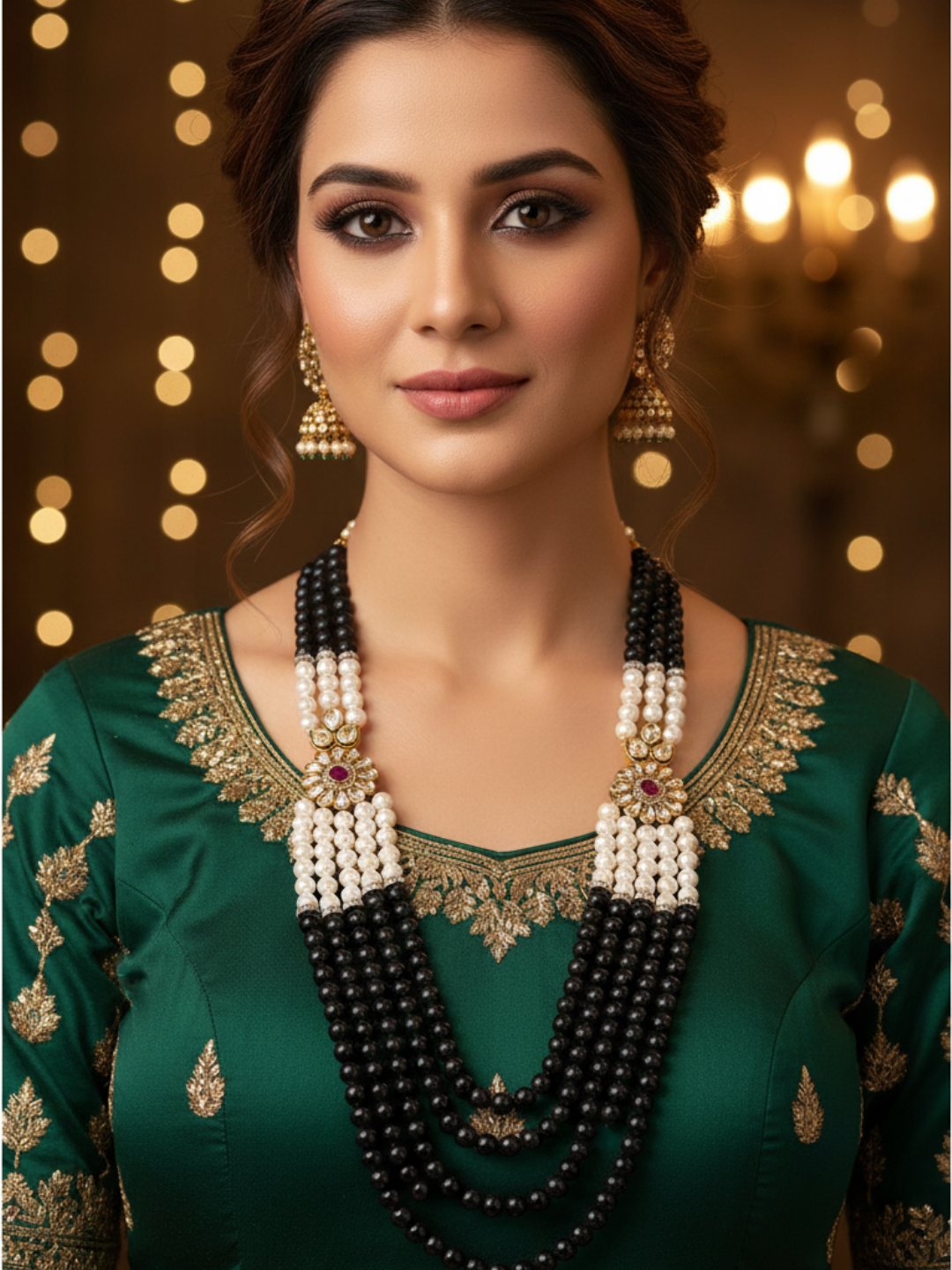 Amazing AD-Synthetic Polky -Ruby Color Onyx Stone with Black Onyx Beads- Shell Pearl Long Statement Necklace