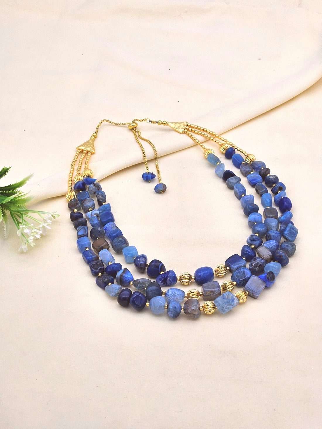 Cute Three Layer Blue Lace Agate Gem Stone & Gold plated Brass Beads with Golden Brass Drawing String for Closure