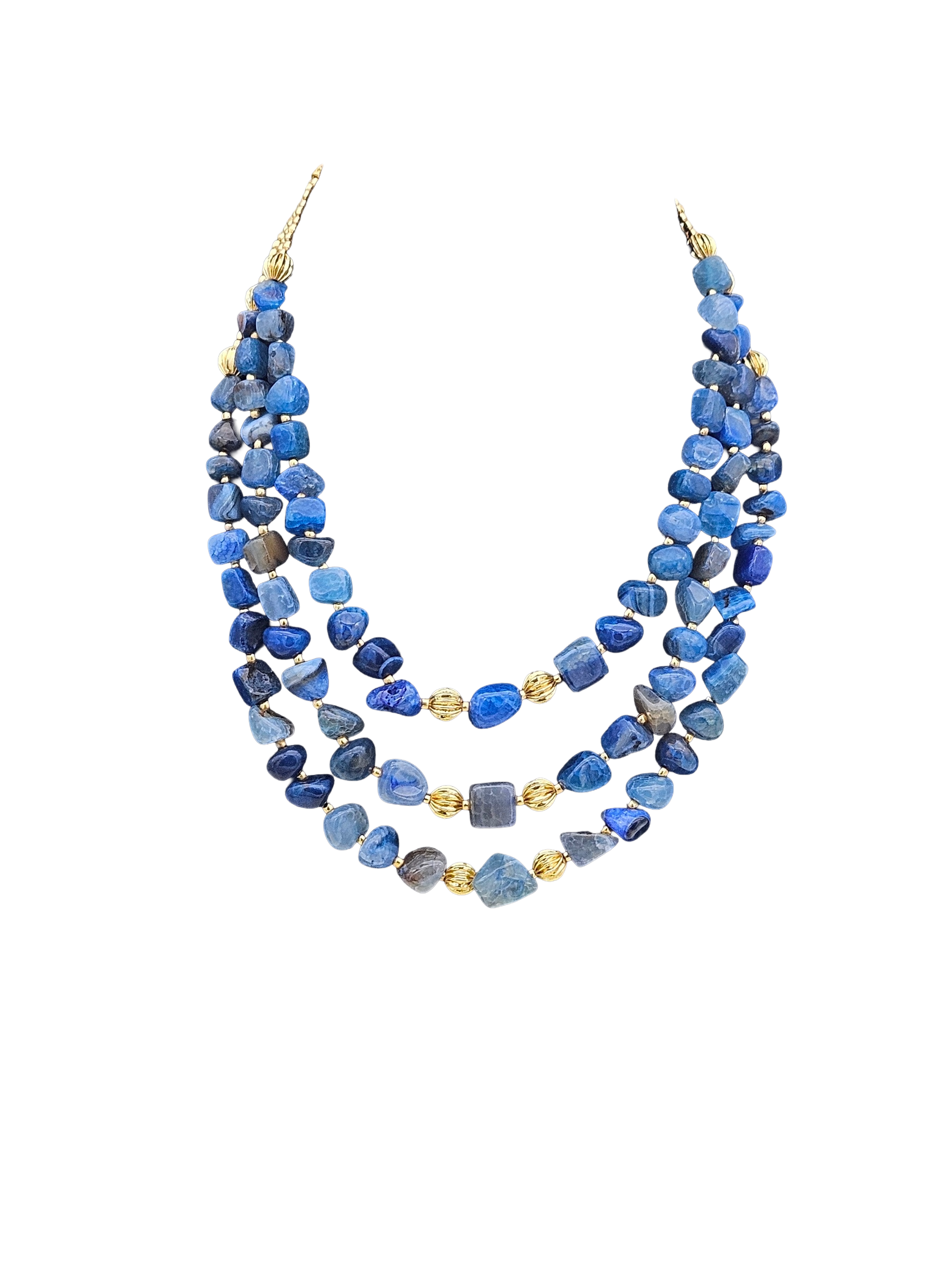 Cute Three Layer Blue Lace Agate Gem Stone & Gold plated Brass Beads with Golden Brass Drawing String for Closure