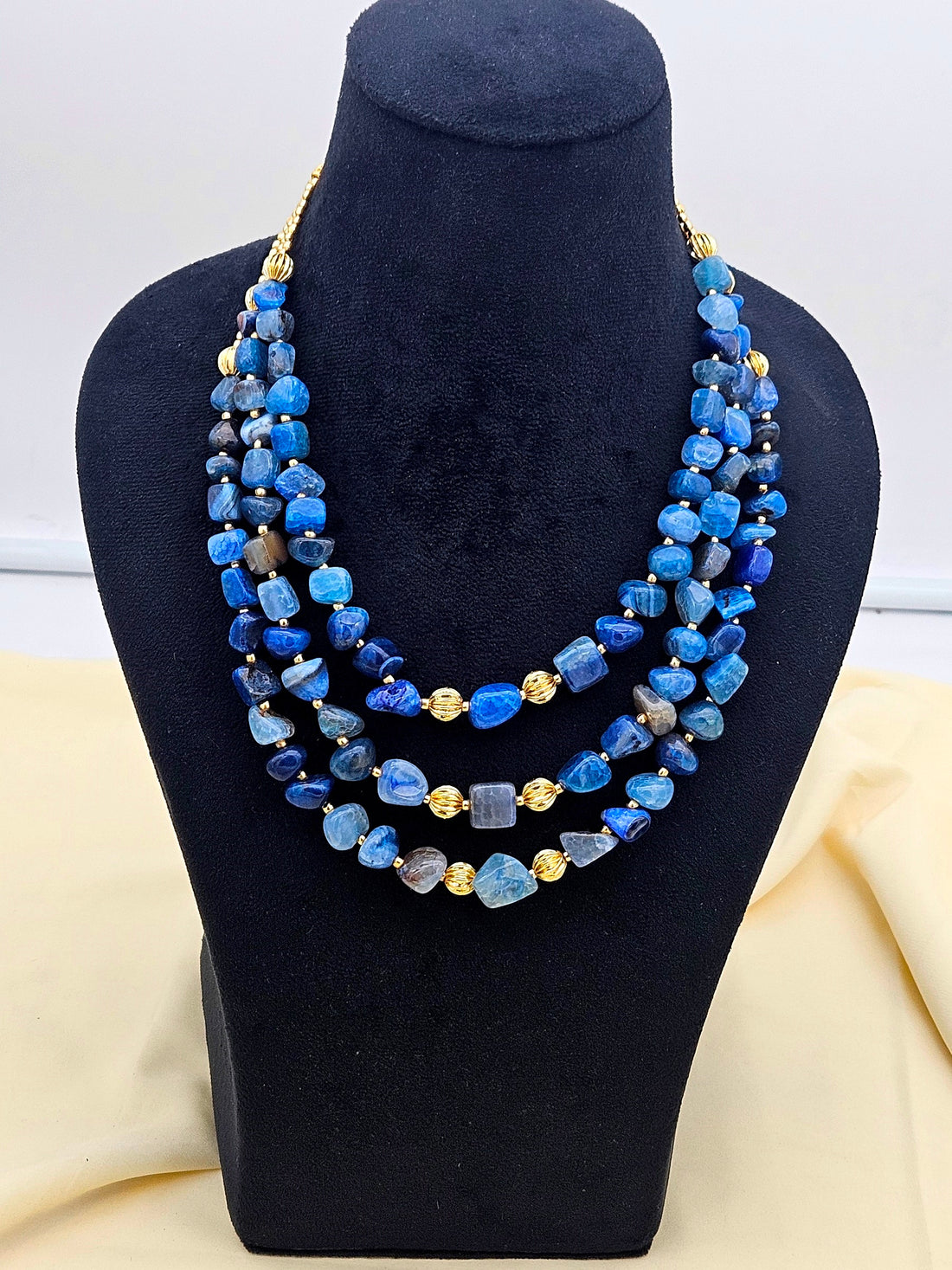 Cute Three Layer Blue Lace Agate Gem Stone & Gold plated Brass Beads with Golden Brass Drawing String for Closure