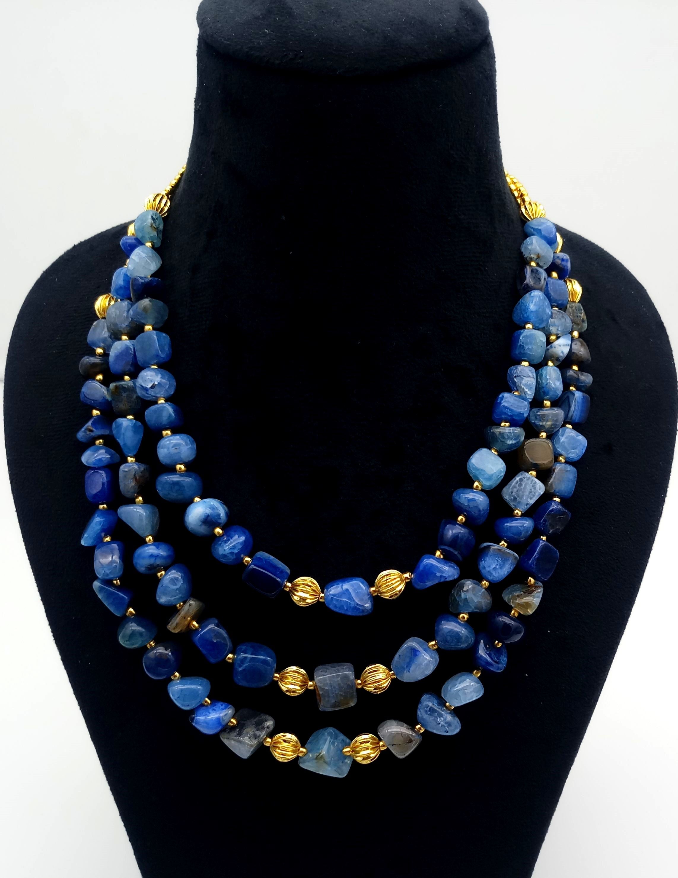 Cute Three Layer Blue Lace Agate Gem Stone & Gold plated Brass Beads with Golden Brass Drawing String for Closure