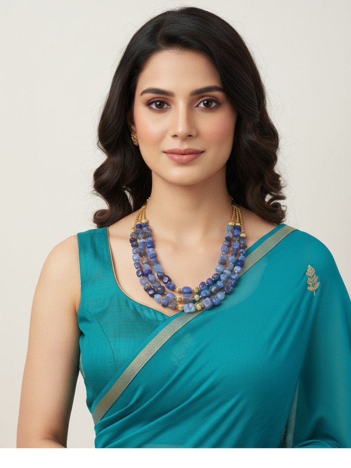 Cute Three Layer Blue Lace Agate Gem Stone & Gold plated Brass Beads with Golden Brass Drawing String for Closure