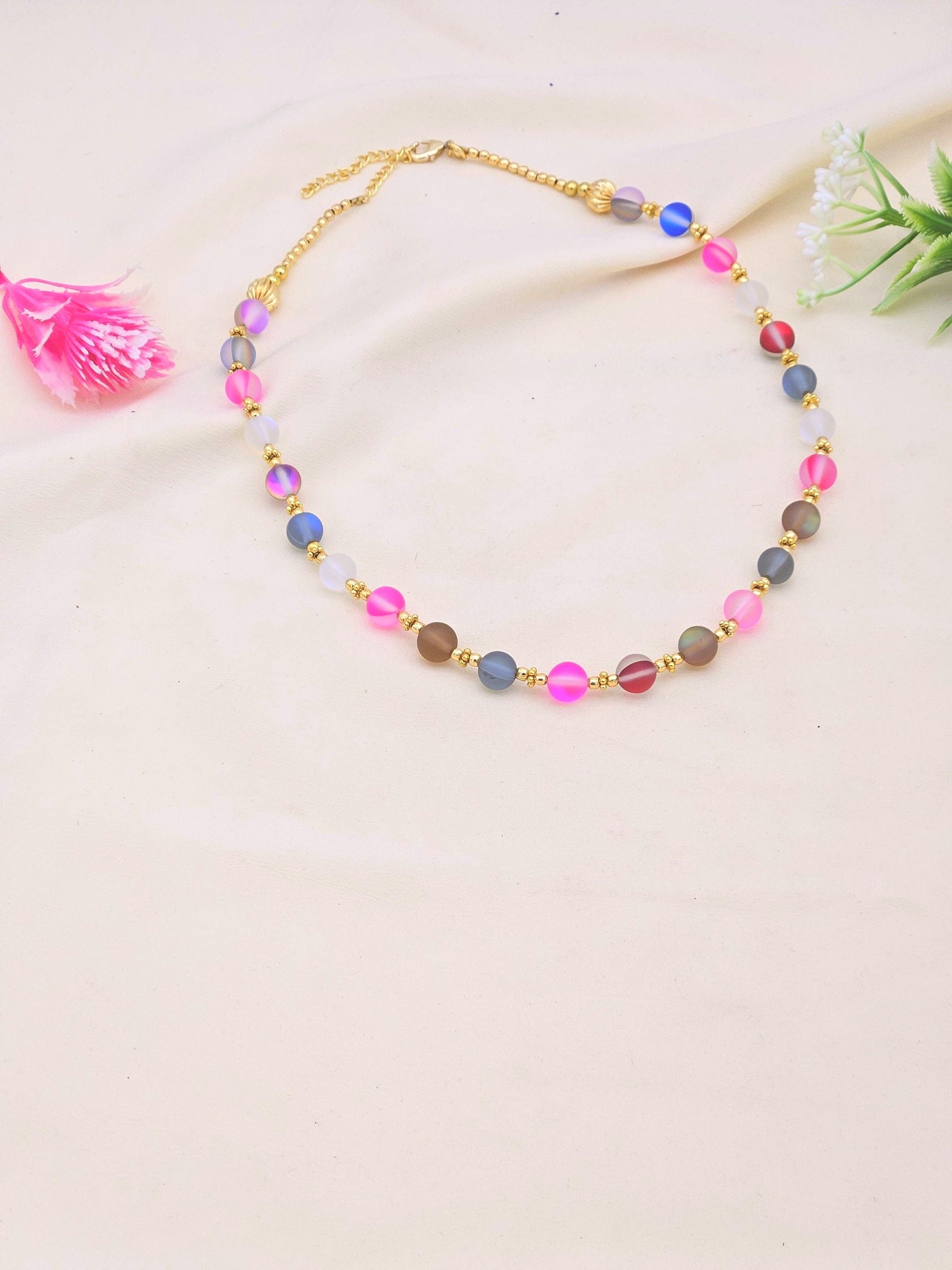 Gold plated Brass Beads with Multi Color Single Line Doublet Stone Light weight  Ball Mala Necklace with Golden Brass Chain Drawing String for Closure