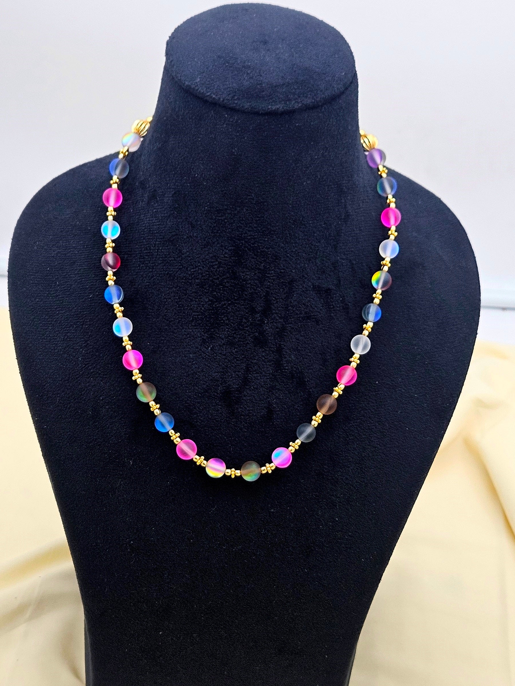 Gold plated Brass Beads with Multi Color Single Line Doublet Stone Light weight  Ball Mala Necklace with Golden Brass Chain Drawing String for Closure