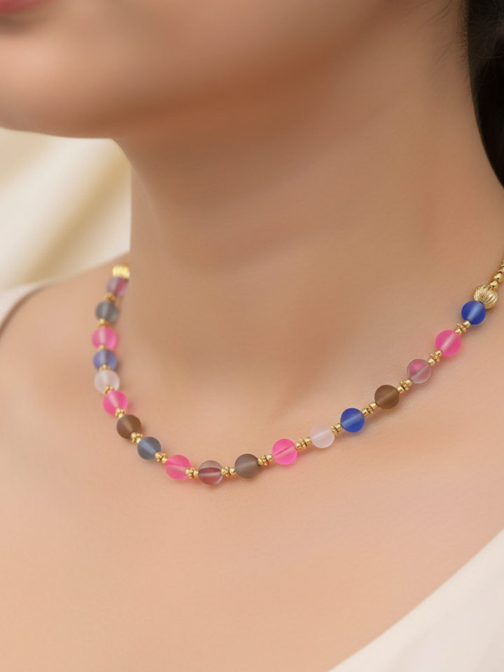 Gold plated Brass Beads with Multi Color Single Line Doublet Stone Light weight  Ball Mala Necklace with Golden Brass Chain Drawing String for Closure