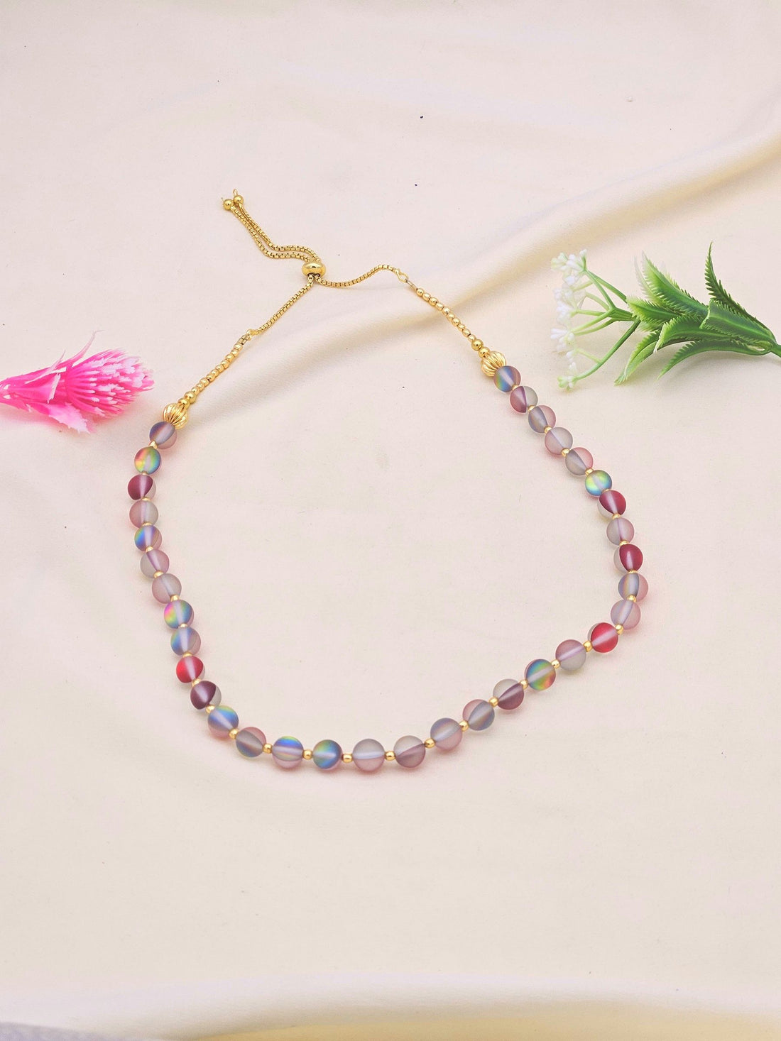 Gold plated Brass Beads with Multi Color Single Line Doublet Stone Light weight Ball Mala Necklace & Golden Brass Chain Drawing String for Closure